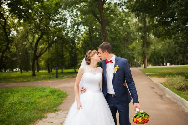 Gelukkige bruid, bruidegom permanent in groen park, kussen, glimlachen, lachen — Stockfoto