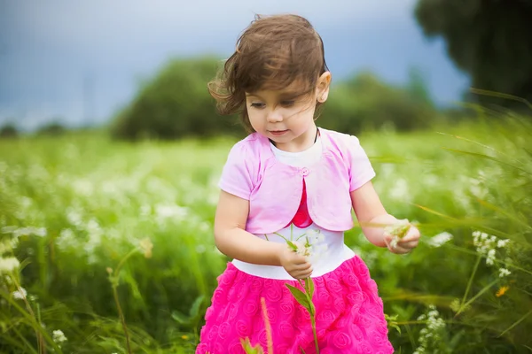 Bela menina despreocupada jogando ao ar livre no campo — Fotografia de Stock