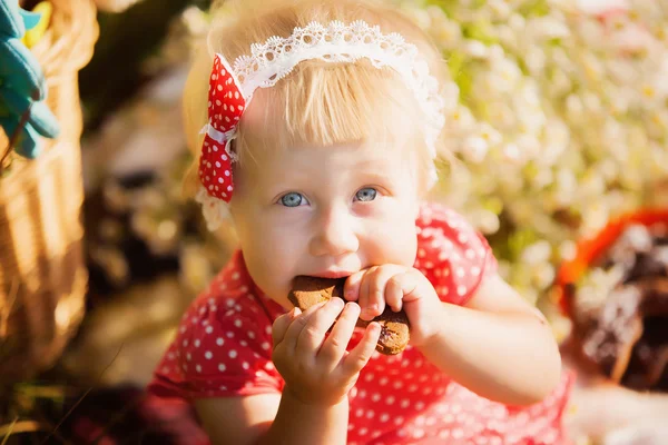 Menina come biscoitos de chocolate — Fotografia de Stock