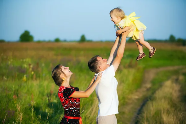 Glückliche Familie hat Spaß im Freien auf der Sommerwiese — Stockfoto