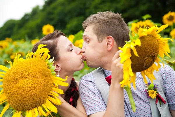 Feliz pareja enamorada divirtiéndose en el campo lleno de girasoles —  Fotos de Stock