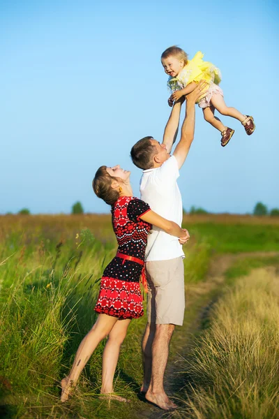 Mutlu aile açık havada yaz çayır eğleniyor — Stok fotoğraf