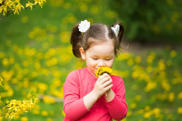 Mignonne jolie petite fille avec des pissenlits jaunes — Photo