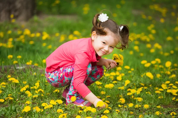 Roztomilý hezká holčička s žluté pampelišky — Stock fotografie