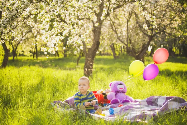 Pique-nique familial.enfant assis parmi les jouets — Photo