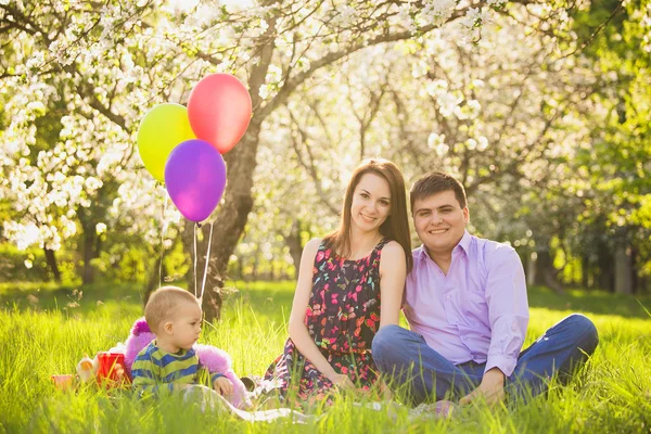 Piknik rodzinny. ojciec, matka, dziecko siedzi razem — Zdjęcie stockowe