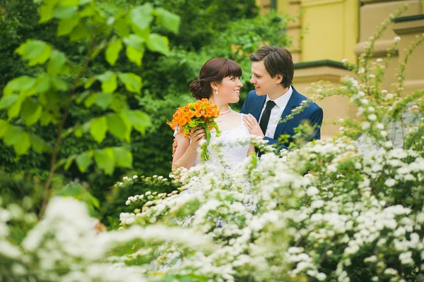 Happy bride and groom on their wedding day — Stock Photo, Image