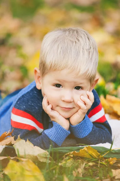 Portrét krásné blonďaté potomka na podzim listy ou — Stock fotografie