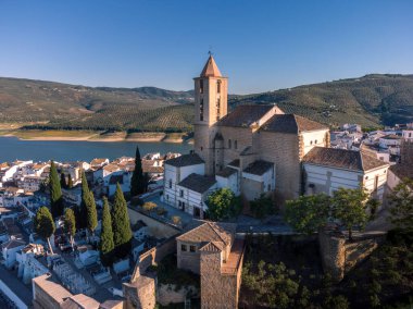 Panoramic of Iznajar town in Andalusia seen from aerial view of drone