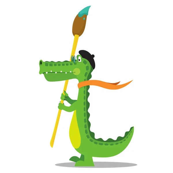 Pintor de crocodilo de desenhos animados com escova na boina Vetores De Stock Royalty-Free