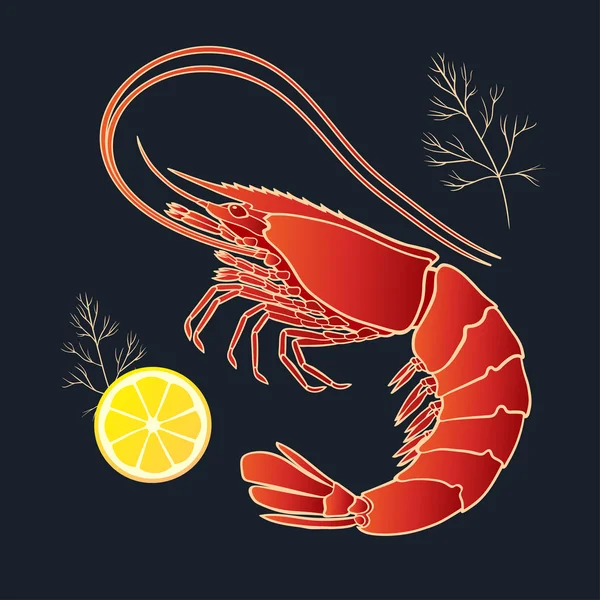 Camarones con limón y eneldo — Vector de stock