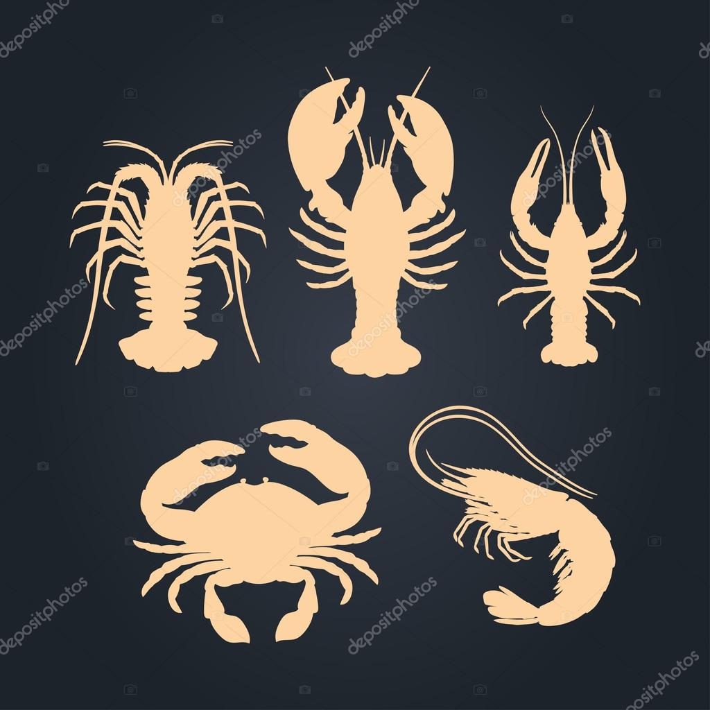 Set of the seafood crustaceans silhouettes. Vector illustration