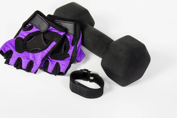 Activity Fitness Tracker with Lifting Gloves & Dumbbell — Stock Photo, Image