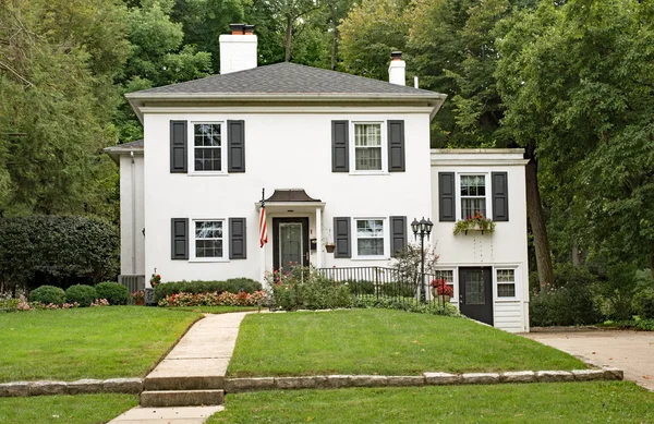 White Stucco House with Backyard Woods — Stock Photo, Image