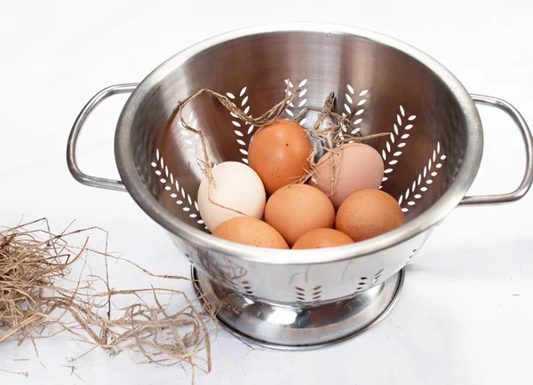 Braune Bauernhof-Eier im Sieb — Stockfoto