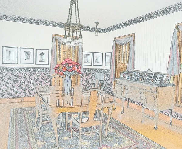 Pastelowe szkic wiktoriańskiej sali jadalnej — Zdjęcie stockowe