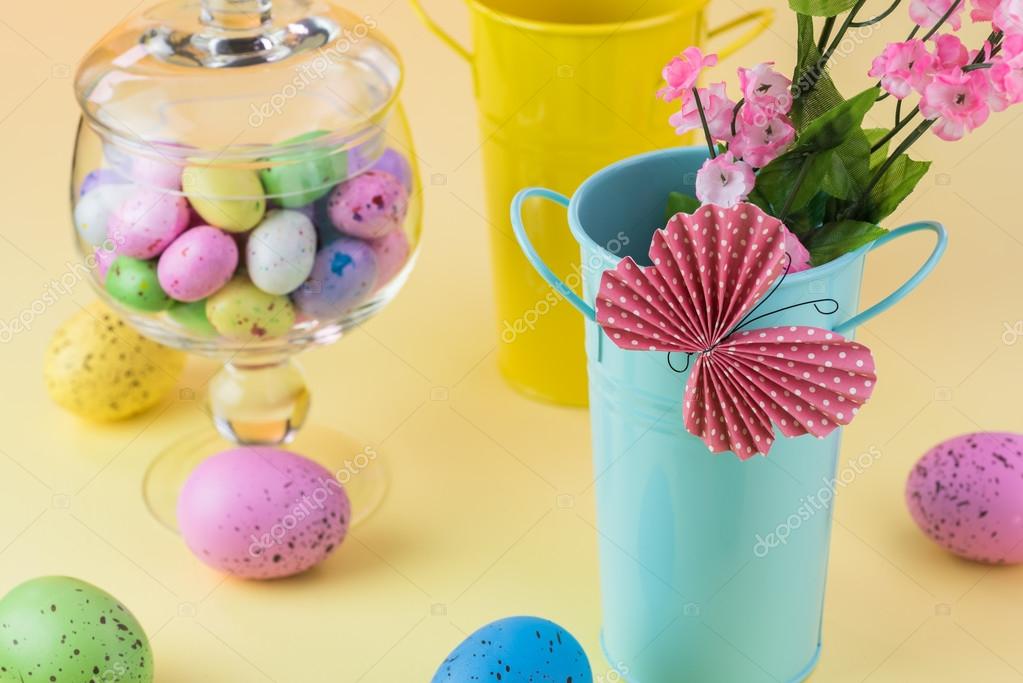 Easter Table Decoration With Metal Vases Easter Colorful Eggs And