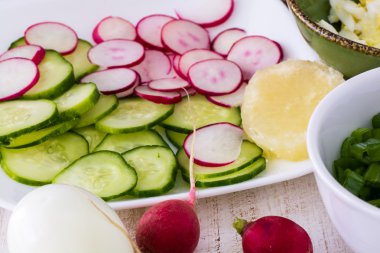 Chopped egg and vegetables.