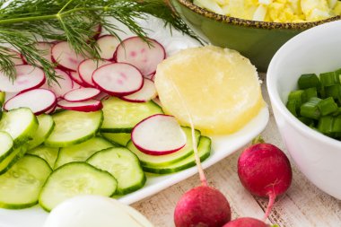 Chopped egg and vegetables.