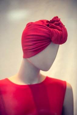 Mankenin üzerindeki kırmızı başlıklı elbise.