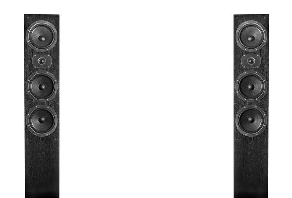 Pair of black music speakers isolated on white background