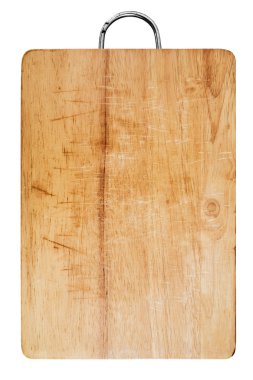 Eski ahşap kesme tahtası, beyaz arka plan üzerinde izole çizik