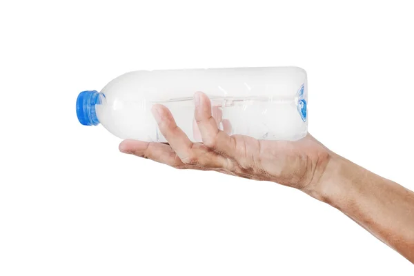 Wasserflasche in der Hand halten, geben oder empfangen, isoliert auf weißem Hintergrund — Stockfoto