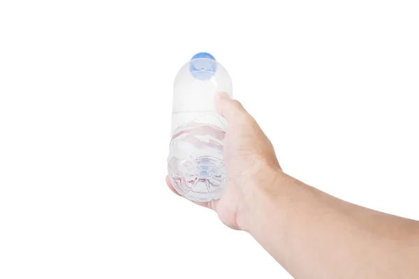 Hand holding, giving or receiving bottle of water, selective focus, isolated on white background — Stock Photo, Image