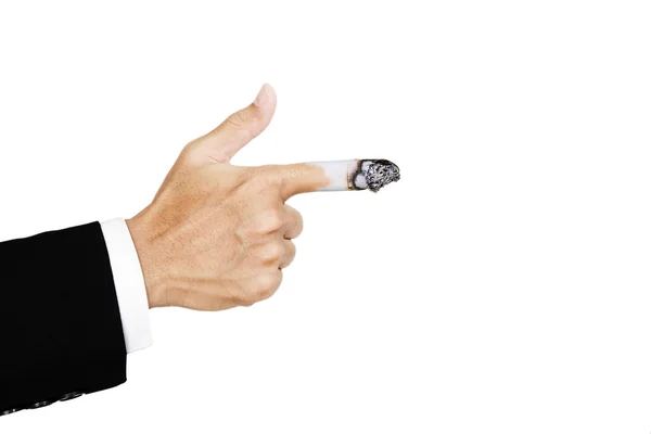 El işaret parmağı ile sigara parmak, Sigara zararlı kavramı, yanıp — Stok fotoğraf