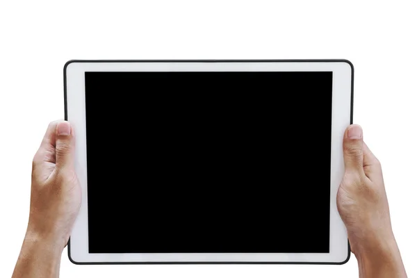 Hand holding digital tablet, with copy space on screen, isolated on white background — Stock Photo, Image