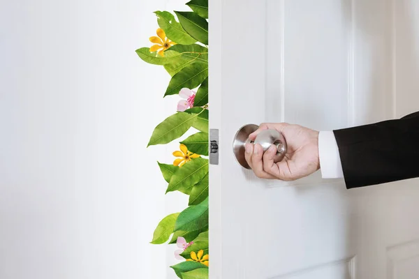 Green Eco Friendly Business Businessman Opening Door Leaves Flowers — Fotografia de Stock