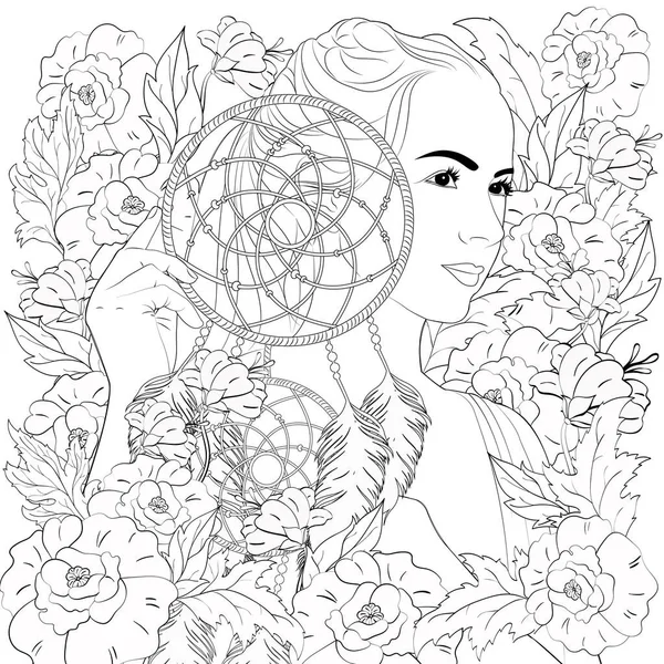 Coloring Book Dream Catcher Girl Feathers Flowers — Stock Vector