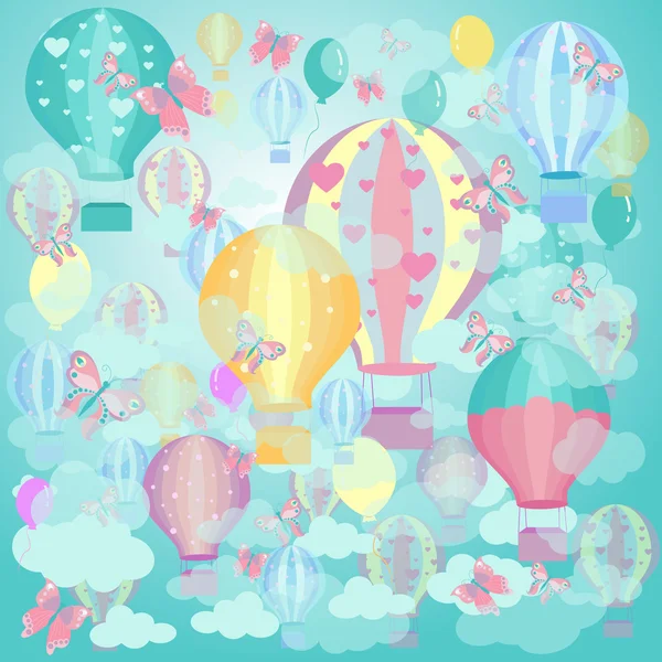 Background with balloons butterflies and clouds — Stock Vector