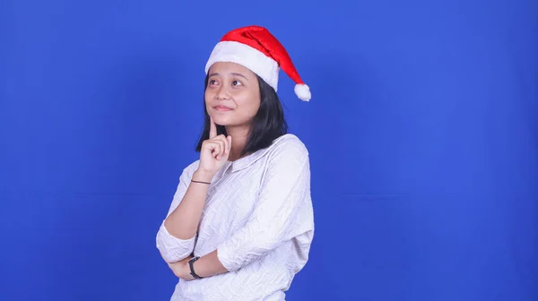 Asian Woman Wearing Christmas Thingking Get Idea Isolated Red Background — Stock Photo, Image