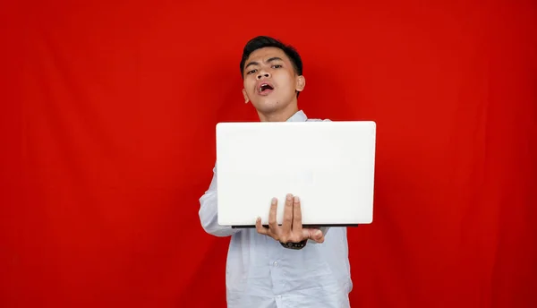 Wow Face Young Asian Man Shocked Surprised What See Laptop — Stock Photo, Image