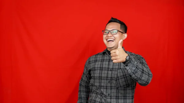 Happy Asian Man Shows Thumb Success Concept — Stock fotografie