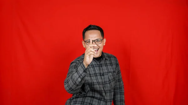 Funny Asian Man Dancing Isolated Red Background — Stock Photo, Image