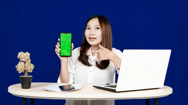 Biznes Azji Kobieta Zielony Ekran Telefon Przestrzeń Robocza Odizolowane Niebieskie — Zdjęcie stockowe