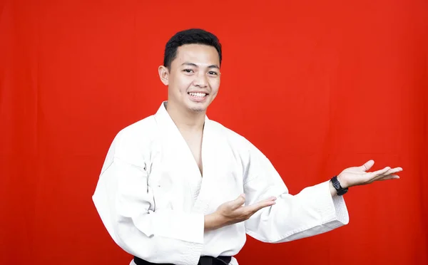 Asian Man Wearing Karate Kimono Isolated Background Big Smile Face — Stock Photo, Image