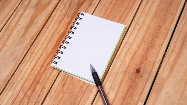Blank White Paper Notes Pen Top Wood Table — Stock Photo, Image