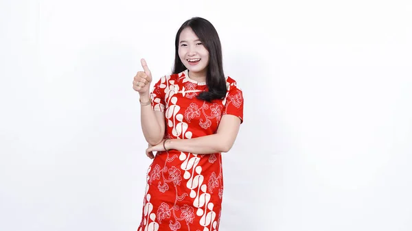 Asian Chinese Woman Cheongsam Dress Celebrates Chinese New Year Gesture — Stock Photo, Image