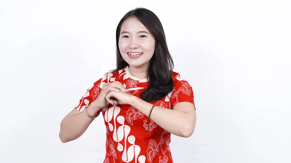 Asiatisk Kinesisk Kvinna Cheongsamklänning Med Gratulationsgest Gott Nytt Kinesiskt — Stockfoto