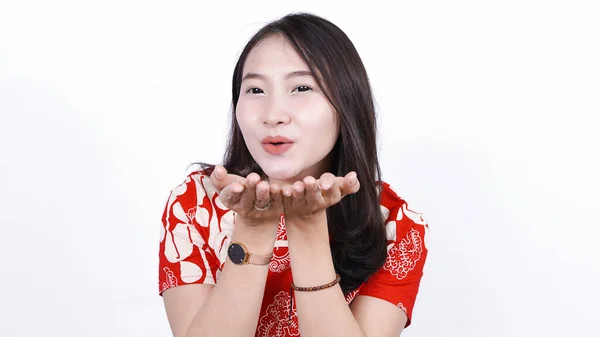 Mulher Chinesa Asiática Vestido Cheongsam Celebra Ano Novo Chinês Feliz — Fotografia de Stock