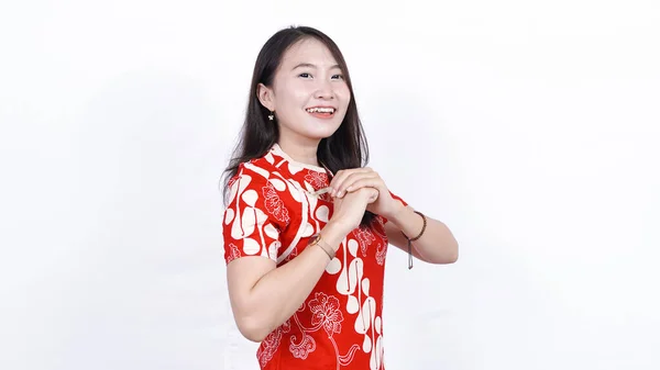 Азиатская Китаянка Платье Чхонсам Жест Поздравления Новым Годом Китайски — стоковое фото