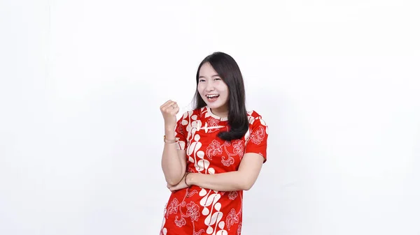 Asian Woman Wearing Traditional Dress Winner Expression Isolated White Background — Stock Photo, Image