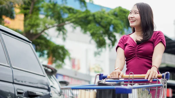 Glimlachende Aziatische Vrouw Winkelen Met Trolly — Stockfoto