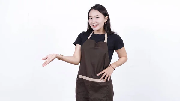 Asiatico Donna Camerieri Accogliente Cliente Isolato Bianco Sfondo — Foto Stock