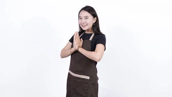 Azji Kobieta Kelnerzy Witając Klienta Izolowane Białe Tło — Zdjęcie stockowe