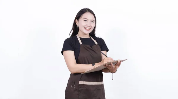 Asiático Mujer Camareros Escritura Orden Aislado Blanco Fondo — Foto de Stock