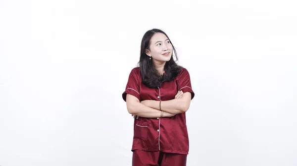 Asian Woman Wearing Pajama Thinking Get Idea Isolated White Backiground — Stock Photo, Image